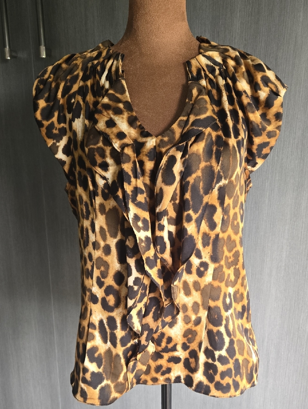 Express Leopard Print Ruffle Front Cap Sleeve Blouse in Brown and Black